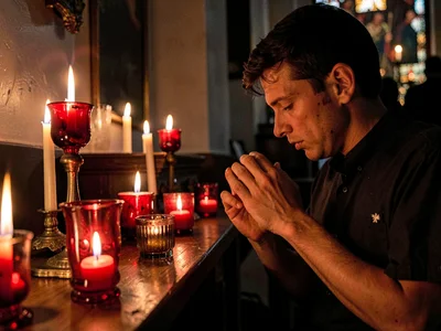 Person praying by votive candles in church, the flickering faith, red glass hold