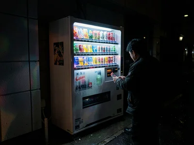 Person comparing two vending machine drinks, the paralysis of choice in artifici
