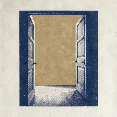 Two-color riso poster of a halftone gallery doorway opening onto a flat ochre in