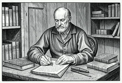Scholar at desk cross-hatched