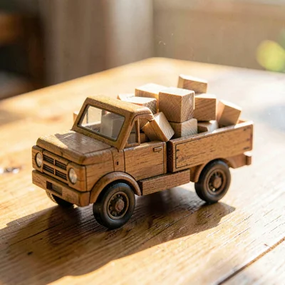 Tiny wooden truck loaded with wooden cubes on a sunlit wooden table, soft warm g