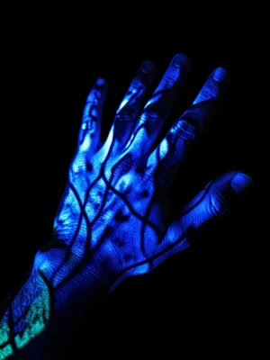 A human hand under UV showing vein patterns as dark shadows beneath the blue-whi