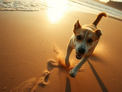 Candid photography, a joyful dog running fast along the shoreline of a sunlit beach, sand kicking up under its paws, sli