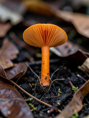 Cordyceps fruiting body emerging from a buried insect — orange stalk against dar