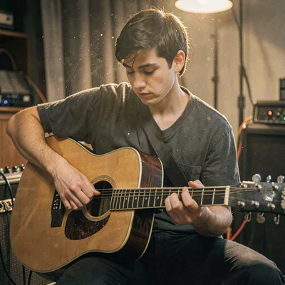 Portrait of a student tuning a guitar at a tweed amp, dust motes drifting in lam