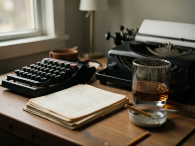 A writer's desk: a typewriter, a stack of manuscript pages, a whiskey glass, a c