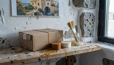 Warm encaustic painting studio on a Greek island, intimate and close, Mediterran