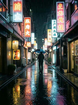 Rain-soaked Tokyo alley at night, neon kanji signs reflecting in puddles, lone u