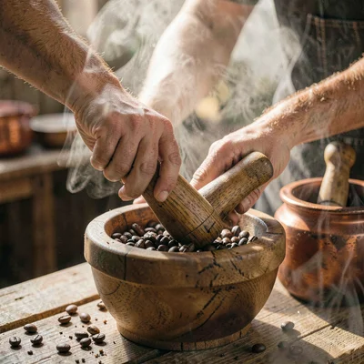 Intimate warm-toned photograph, Hands grinding coffee beans in wooden mortar wit