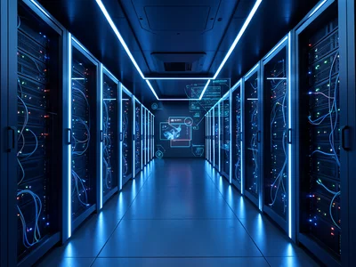 Glowing server room corridor with blue LED lights and rows of blinking racks
