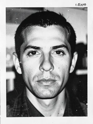 A self-portrait made by pressing a face directly onto the copier glass, nose and