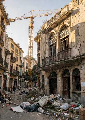 Mediterranean hard light on Beirut's wounded elegance, construction crane framed