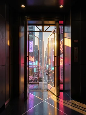 Art deco elevator doors opening to reveal cyberpunk city beyond, neon reflection