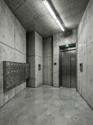A brutalist apartment block lobby — concrete lift shaft, raw walls, institutiona