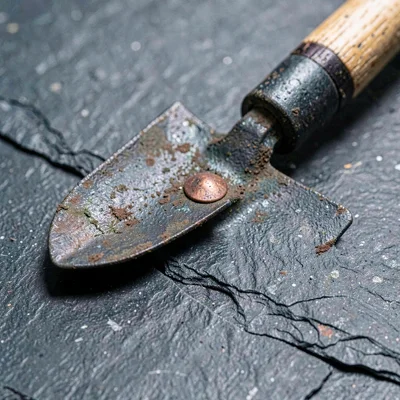 Mineralcut study of a worn trenching shovel and a copper rivet on slate, hard gr