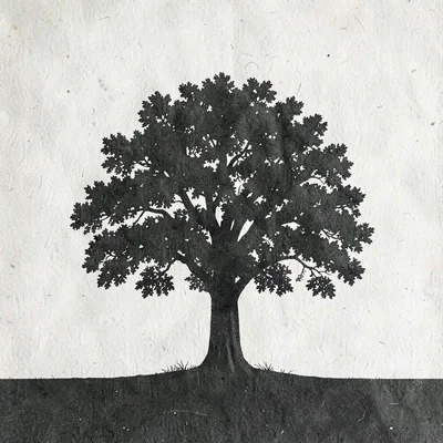 Two-color riso poster of an oak tree silhouette with a low ground line