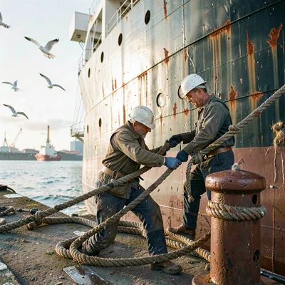 Port city documentary photograph, A dock worker in a hardhat securing a hawser t