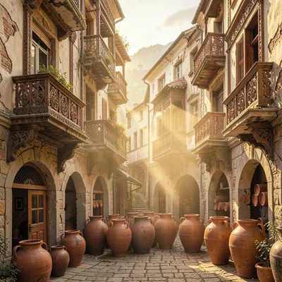 Crumbling Art Nouveau balconies in golden Tbilisi light, qvevri wine cellar with