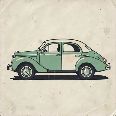 Czech matchbox label illustration, a vintage car from the side view , vintage Ea