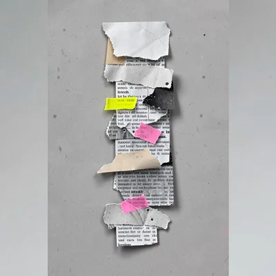 Vertical mobile-frame collage of stacked paper shapes cascading down, muted pale