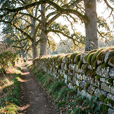 A moss-covered stone wall along an overgrown trail at clear morning, dappled lig