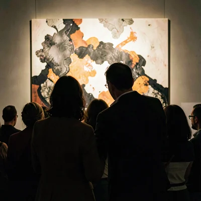Atmospheric crowd shot from behind two visitors silhouetted before a large abstr