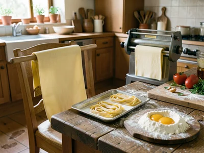 A pasta-making session in progress — a sheet of fresh pasta dough rolled thin dr