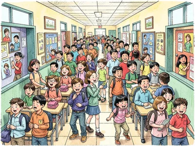 Packed school hallway scene