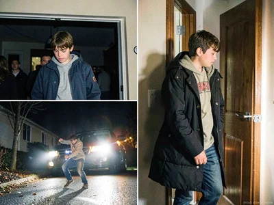 Teenager being picked up from party, parent's headlights in driveway, the mortif