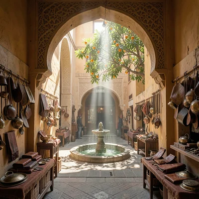 Fes medina light penetration, souk depth, fountain courtyard seen through carved