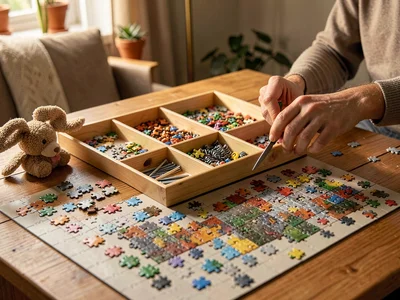 Sorting tray with compartments, pieces organized by section, serious puzzle infr