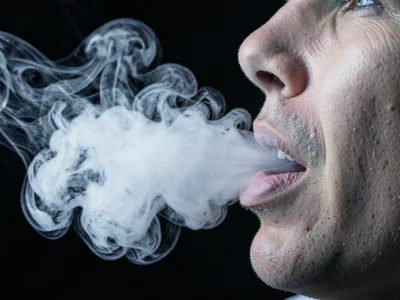 A human mouth exhaling, breath cloud as dense refractive fog in cold air