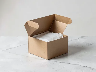 Kraft mailer box open with tissue on concrete