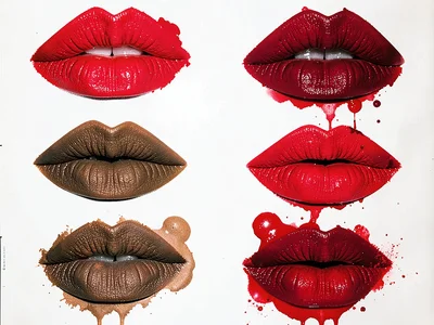 Cosmetics spread: vivid lip colour swatches and eye shadows on white surface, pi
