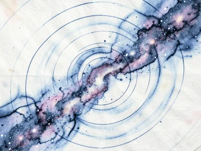 The Milky Way as a broad band of marbled ink flowing diagonally across the full 