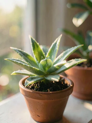 Lush study of a haworthia in a small clay pot, translucent leaf windows catching