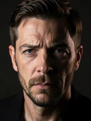 A character actor's portrait with five-point lighting, their face a landscape of