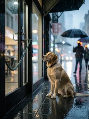 A dog sitting patiently outside a shop in the rain, tied to a post, looking in t