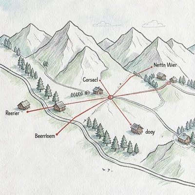 hand-drawn map of a cabin rental network across a mountain region