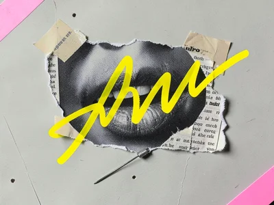 Behind a clipped photographic mouth halfway hidden behind torn halftone gray, a 