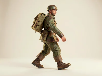 Profile shouldering his kit, the infantryman strides forward, canvas pack swingi