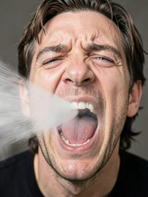 A human sneeze frozen at peak distortion, the face contorted in ways we never se