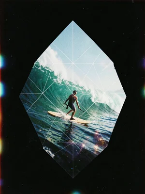 Double exposure of surfer with ocean wave, geometric grid overlay
