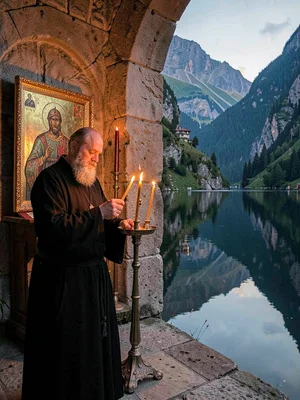 Priest lighting candles before icon