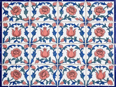 Floor tile grid — alternating cobalt and white tiles with tulip inlay at each ju