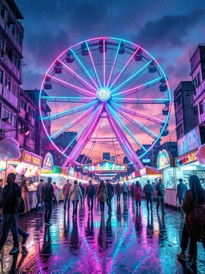 Ferris wheel lit up at summer fair, twilight sky, cotton candy colors
