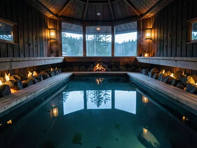 Finnish lake mirror, dead-calm reflection, the interior of a traditional smoke s