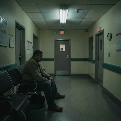 Hospital waiting room at 3am with one anxious person