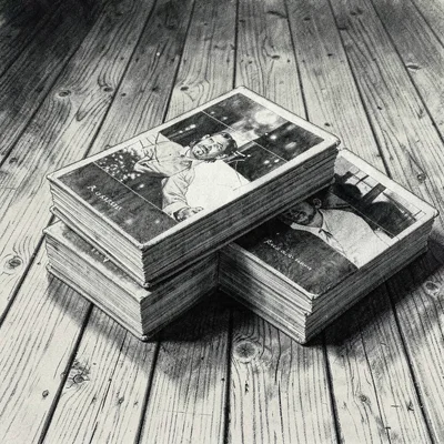 Editorial charcoal of stacked back issues on a creaking wooden floor, deep black