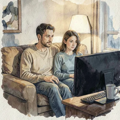 Lifestyle wide of a couple watching the monitor together on a sofa, lamplit calm